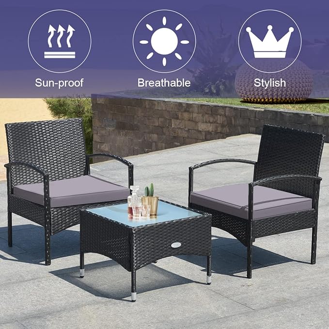 COSTWAY 3 PCS Patio Wicker Conversation Set, PE Rattan Sofa with Tempered Glass Coffee Table, 2 Chairs, 2 Cushions, Outdoor Patio Furniture Set for Yard Porch Bistro Balcony Backyard Pool, Grey