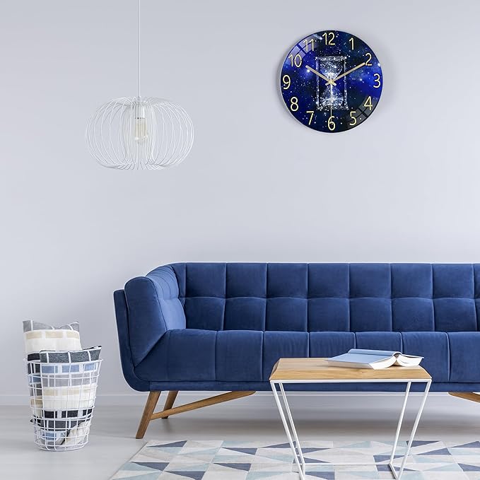 Lafocuse 12 Inch Blue Wall Clock Silent Non Ticking, Galaxy Glass Clocks Battery Operated for Living Room Bedroom Kitchen Decor, Hourglass Pattern