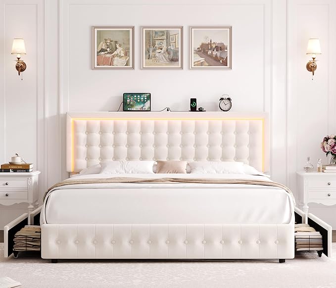 HIFIT Upholstered King Size LED Bed Frame with Charging Station and 4 Large Storage Drawer, Velvet Button Tufted King Platform Bed with Adjustable Headboard, No Box Spring Needed, Easy Assembly, Beige