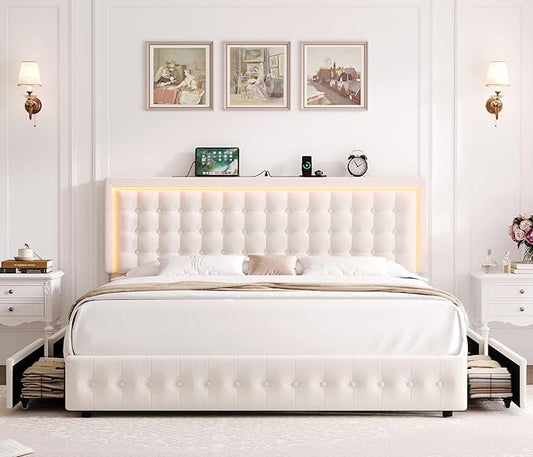 HIFIT Upholstered King Size LED Bed Frame with Charging Station and 4 Large Storage Drawer, Velvet Button Tufted King Platform Bed with Adjustable Headboard, No Box Spring Needed, Easy Assembly, Beige