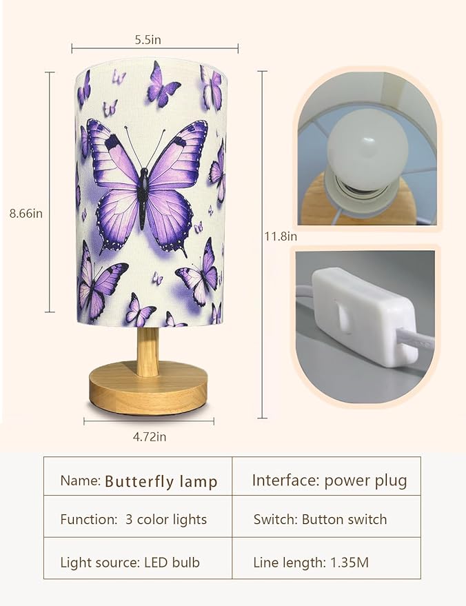 Butterfly Lamp, Butterfly Lamps for Girls Bedroom,3 Color Night Light Wood Nightstand Desk Base Flaxen Fabric Shade for Bedroom Living Room, Butterflys Lovers Gifts, LED Bulb Included（purple lamp）