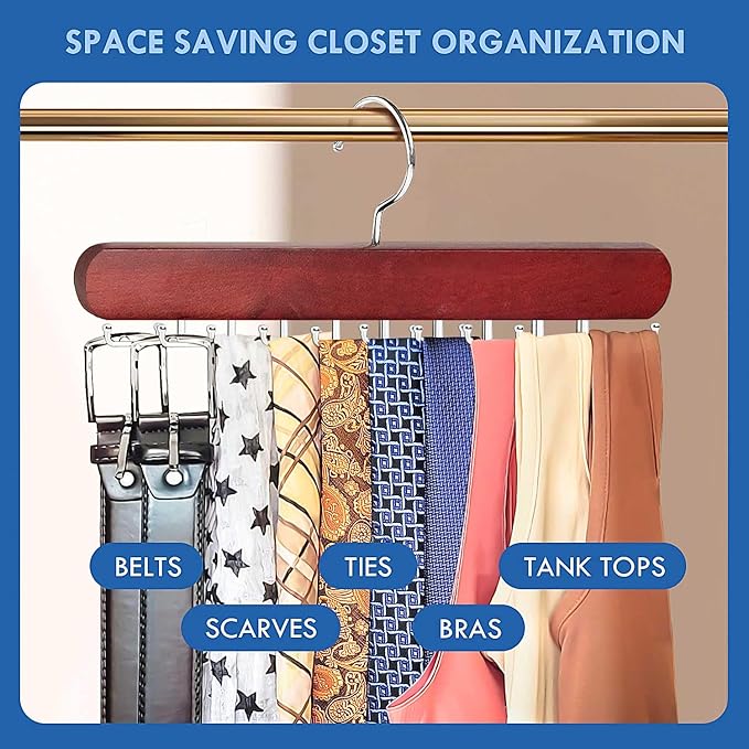 Tie Rack Hanger for Closet, Wooden Tie Hangers for Men with 18 Folding Hooks, Space Saving Tie Holder Neck Tie Organizer for Men Ties, Belts, Bras, Scarves, Tank Tops (Mahogany)