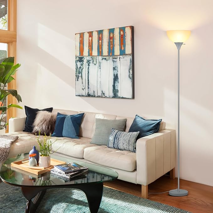 Floor Lamp, LED Standing Lamps with White Plastic Shade, Corner Floor Lights for Living Room Bedroom, Rotary Switch, Bulb not Included, Grey