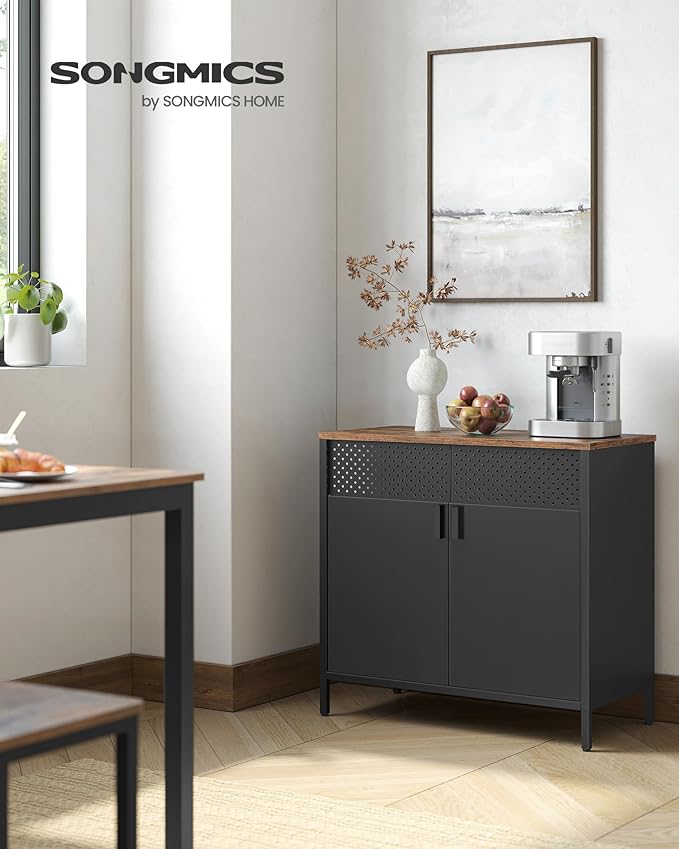 SONGMICS Storage Cabinet, Metal Cabinet, Sideboard with 2 Doors, 15.7 x 31.5 x 29.9 Inches, Magnetic Closure, Adjustable Shelf, Steel Frame, Rustic Brown and Black ULSC102B01