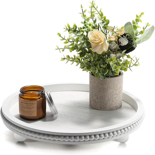 Wooden Beaded Decor Tray for Coffee Table, Rustic Wooden Trays Table Centerpieces, Decorative Trays for Home Decor Kitchen Table Farmhouse Serving Tray (Round White)
