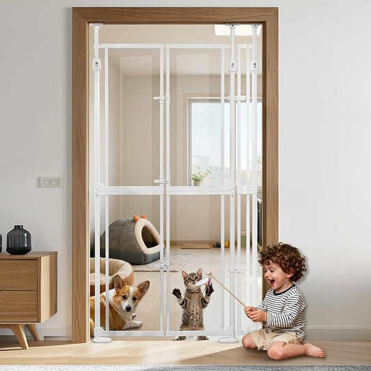 74" Extra Tall Cat Gate for Doorways, 33.86-37.40" Wide Cat Gate Indoor, Clear Dog Gate Acrylic Auto Close Door Gates for Pets No Drilling Pet Proof Safety Gate for Stairs House- White
