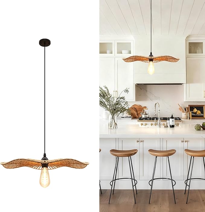 15''Natural Rattan Chandelier Pendant Light-Farmhouse Boho Rattan Pendant Lights with Included E27 Bulb, 120V Wicker Pendant Lights for Dining Room Kitchen Island Bedroom Living Room