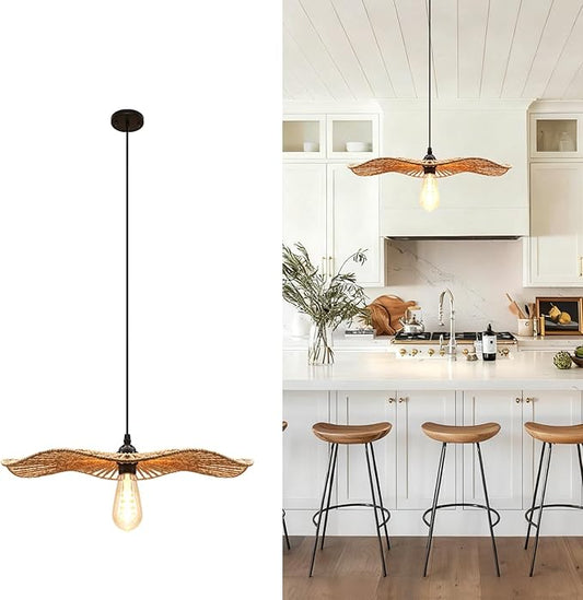 15''Natural Rattan Chandelier Pendant Light-Farmhouse Boho Rattan Pendant Lights with Included E27 Bulb, 120V Wicker Pendant Lights for Dining Room Kitchen Island Bedroom Living Room