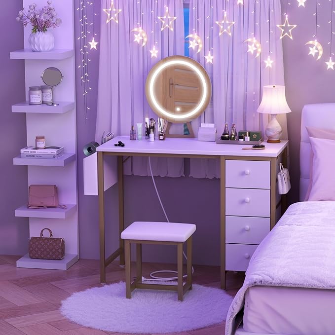 Gold Vanity Desk with Mirror and Light- Makeup Vanity Set Table with Chair, Storage, Lighted Mirror, 4 Large Fabric Drawers & Power Outlet, Dressing Table Vanities for Girls Bedroom