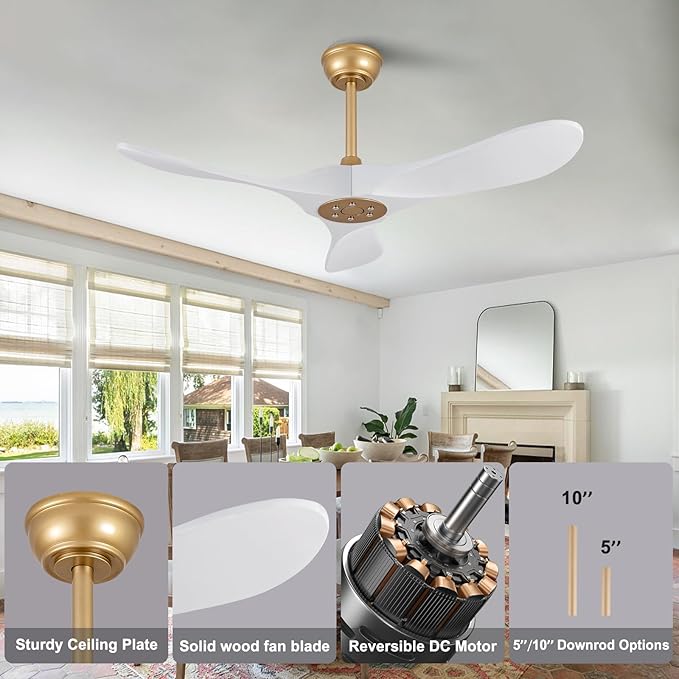 42 Inch Solid Wood Ceiling Fan with Remote,White and Gold, no Light, 6 Speeds, Reversible DC Motor, Modern Ceiling Fans Without Lights for Outdoor Indoor Bedroom Farmhouse,Patios