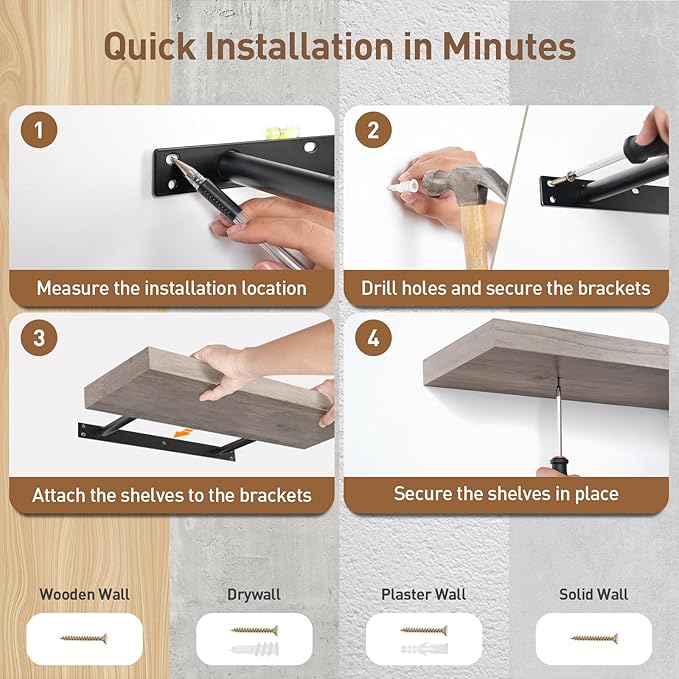 Floating Shelves for Wall, 1.5" Thick Wall Shelf Set of 3 with Invisible Brackets, 15.7L x 7.9W Hanging Book Shelves Farmhouse Home Decor for Bathroom, Living Room, Bedroom, Greige 4301BJP3BG