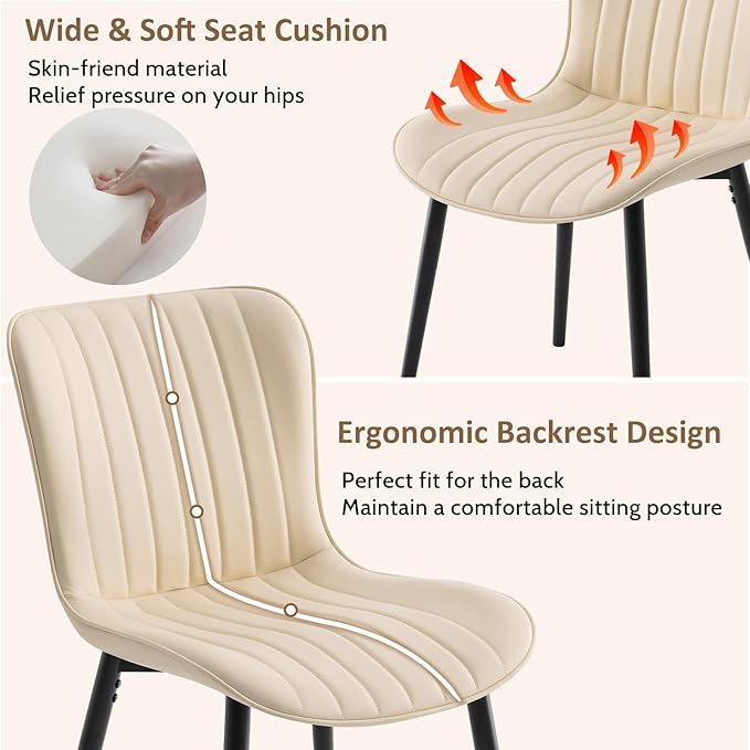 Modern Dining Chairs Set, Heavy Duty Upholstered Side Chairs with Faux Leather, Comfortable Cushions & Durable Metal Legs with Adjustable Feet, Perfect for Kitchen, Dining Room (Beige, Set of 4)