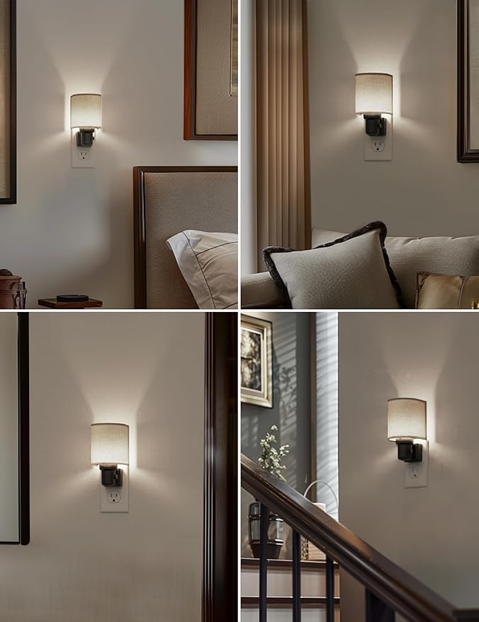 L LOHAS LED Bright Night Lights Plug into Wall, Plug in Night Light Dimmable, Daylight White, Decorative Nightlights Plug in Wall, Light Sensor, Linen Fabric Nightlight for Hallway Kitchen, 2 Pack