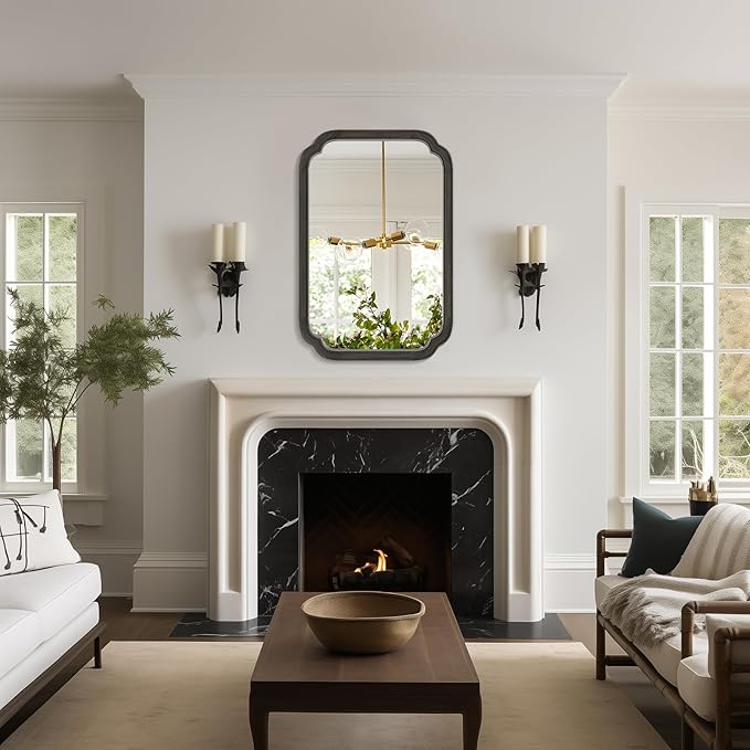 WallBeyond 20" x 30" Rounded Corner Arch Wall Mirror with Wood Frame for Entryway, Living Room or Bedroom Home Decor - Light Woodgrain [20" x 30" Black]