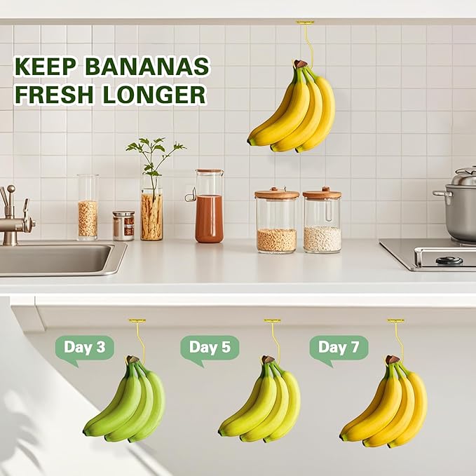 Banana Hanger Hook – Space Saving Banana Holder Hanger to Keep Bananas Fresh, Self Adhesive and Screw Banana Hook 4Pack Gold