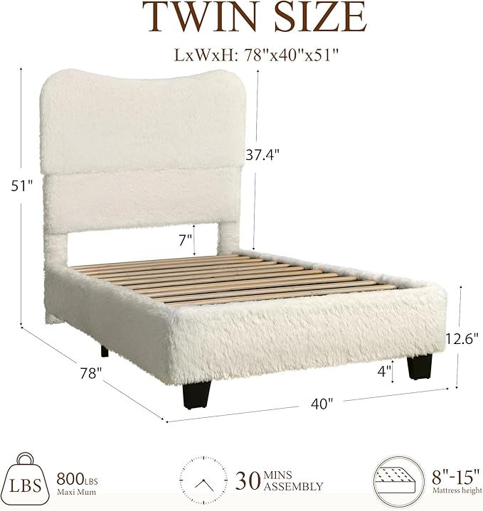 Brafab Twin Bed Frame with Headboard, Boho Fluffy Boucle Cloud Upholstered Platform Bed with Soft Rounded Corners and Wooden Slats, No Box Spring Needed, Noise Free, Easy Assembly, Beige