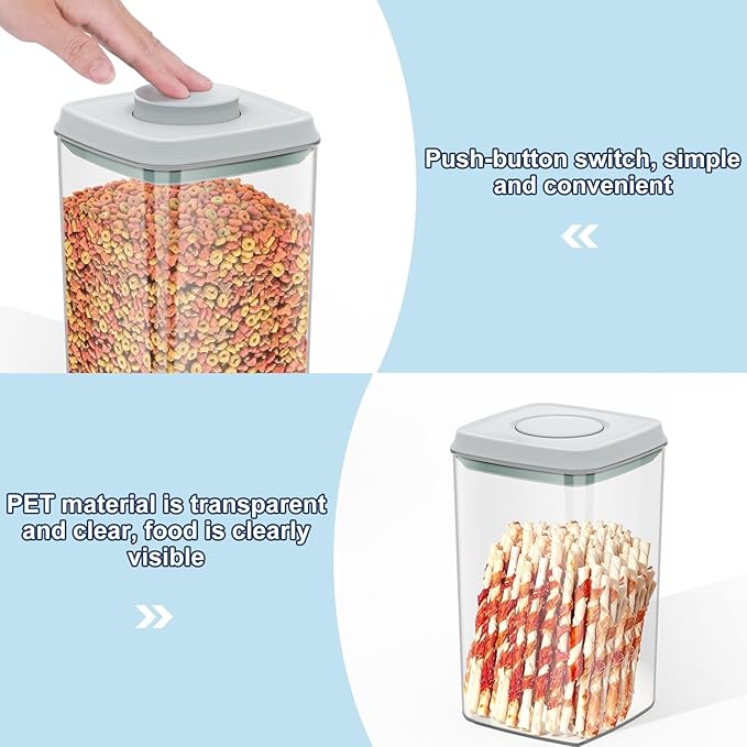 Airtight Dog Cat Food Storage Container and Dog Treat Containers BPA-Free, PET Clear Stackable Pet Storage Bin, 1 Cup Scoop, 1 Sponge cleaning brush, Pop Top, With handle-4.2Qt 2Pack