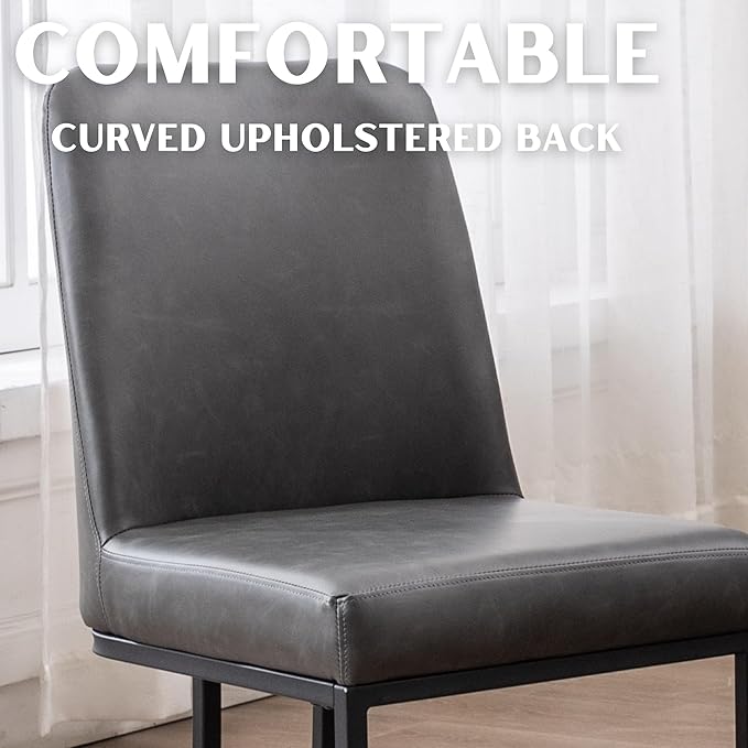 Charcoal PU Leather Dining Chairs Set of 4 Mid Century Modern Comfortable Dining Room Chair with Curved Backrest, Upholstered Kitchen Side Chairs with Black Metal Legs