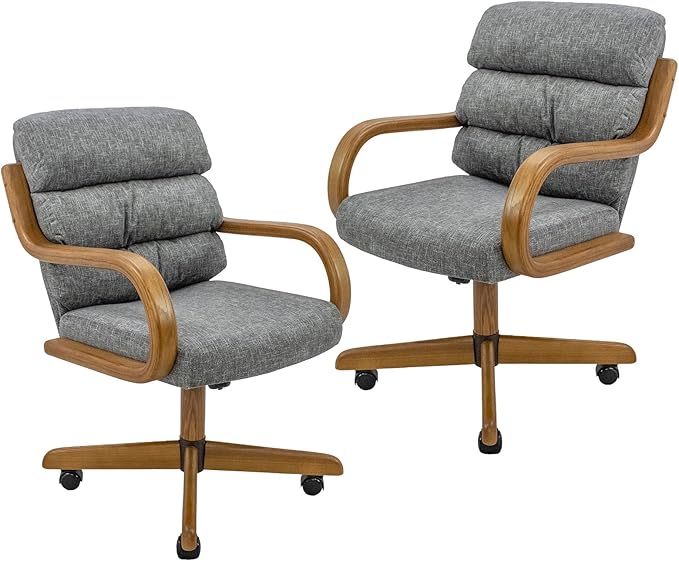 Chromcraft Douglas Set of 2 Casual Dining Chairs Classic Swivel Tilt Dinning Chairs with Casters, Wooden Arm Metal Pedestal Base Chairs with Rolling Wheels for Kitchen & Dining Room
