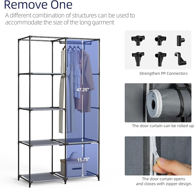 Portable Closet, Wardrobe Closet with 6 Storage Shelves and 2 Hanging Rods, Non-Woven Fabric Cover, 34.6 x 17.7 x 66.1 Inches Closet Organizer for Bedroom, Gray