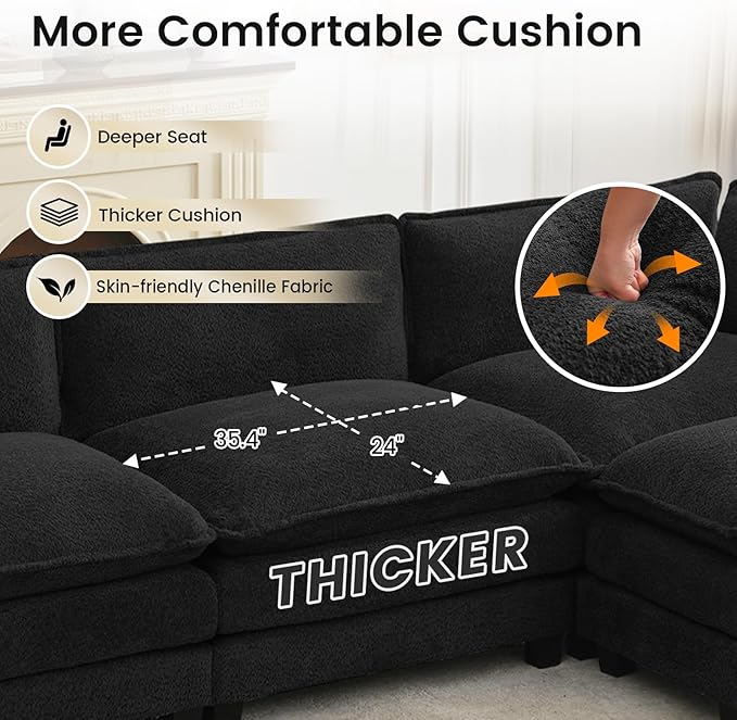 ROWHY Oversized Modular Sectional Couch with Movable Ottoman, 112" Modern Convertible L Shaped Sofa Set, 4 Seat Comfy Cloud Couch with 2 Throw Pillows, for Living Room and Office, Chenille, Black