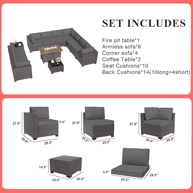 Gotland 13 Pieces Patio Furniture Set with Fire Pit Table, All Weather PE Rattan Outdoor Furniture with 29.5'' High Backrest 4’’ Thick Cushions Coffee Table, Patio Conversation Set for Deck, Gray