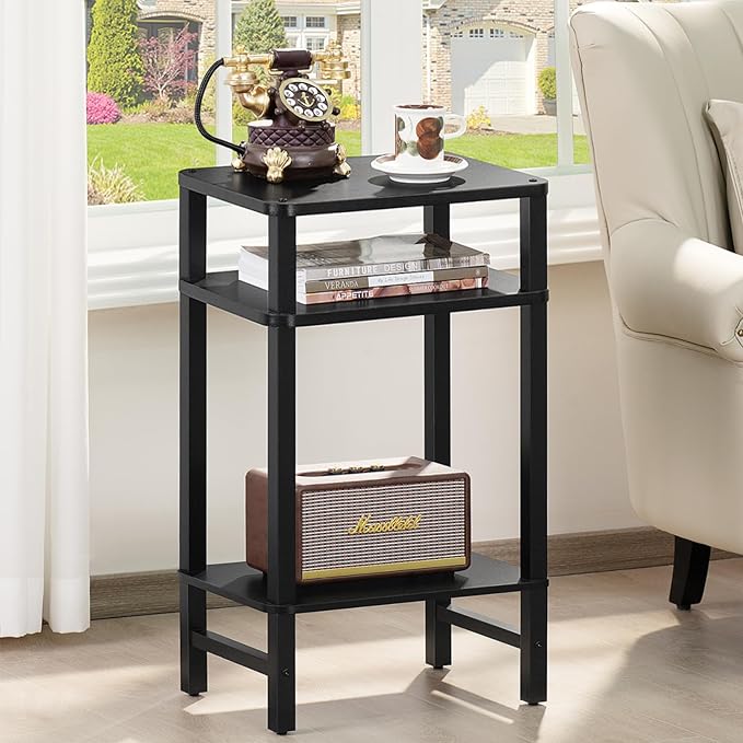 28in Tall Side Table Set of 2, 3-Tier Small Narrow End Table for Couch, Skinny Nightstand for Small Space, Farmhouse Slim Night Stand with Storage, Wooden Frame Thin Bedside Table, Black