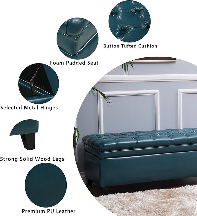 Setawix PU Leather Storage Benches for Bedroom,50" Bed End Bench with Storage,Tufted Teal Storage Ottoman Bench for Living Room,Rectangle Entryway Benches with Storage and Seating (Teal, PU Leather)