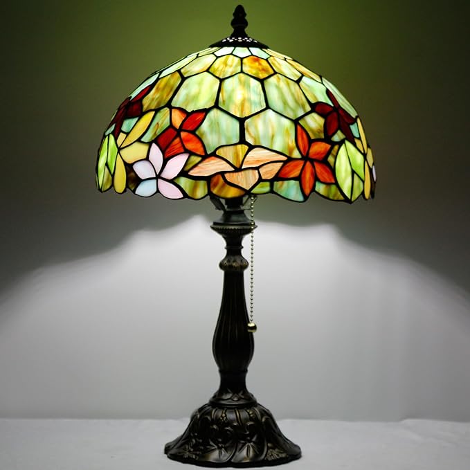 Tiffany Table Lamp Stained Glass Lamp 12X12X19 Inch Antique Reading Light (Red Green Flowers)
