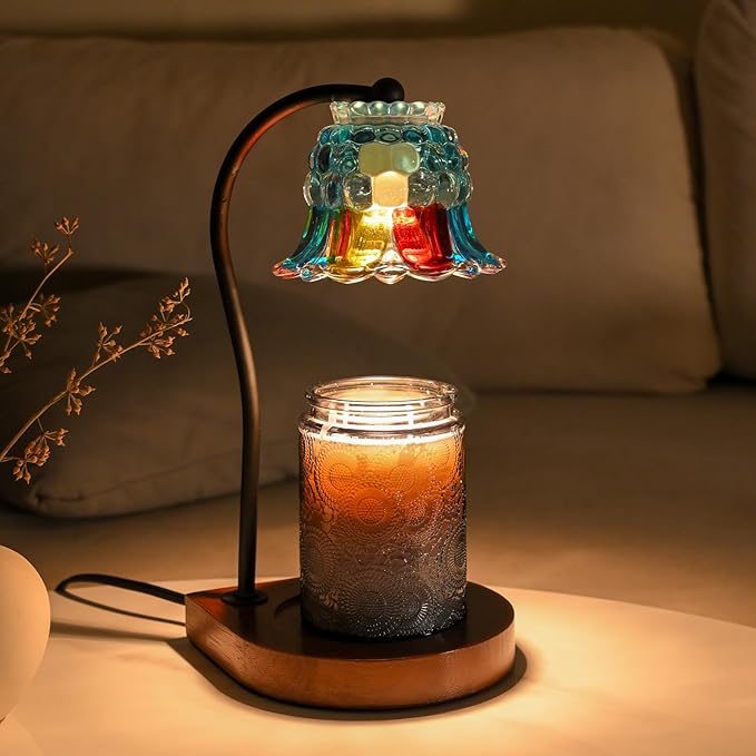 Candle Warmer Lamp Timer for Women Mom, House Warming Gifts New Home Decor, Modern Farmhouse Decor, BlueColorful Glass Flower Candle Warmer for Jar Candles with 2 Bulb