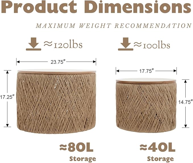Nesting Coffee Table Set of 2, Round Natural Wood Drum Coffee Tables with Storage Boho Rattan Circle End Table Set for Living Room Bedroom Small Space No Assembly Required, Burlywood
