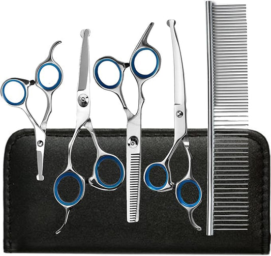 Dog Grooming Scissors Set, 6-in-1 Dog Shears for Grooming, 6 Inches Stainless Steel Professional Dog Grooming Scissors, Pet Grooming Scissor for Dogs with Safety Round Tips