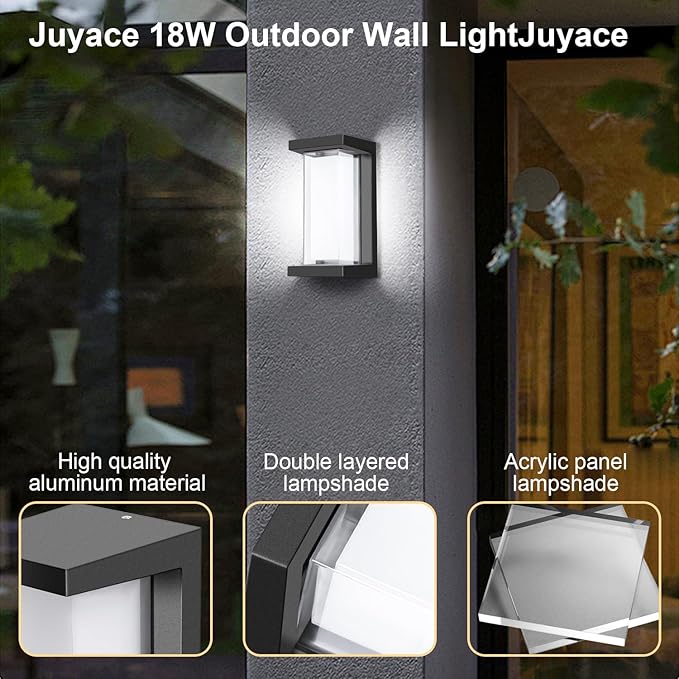 Juyace 18W Exterior Lighting Fixtures 6 Pack Budget-Friendly Outdoor Porch Lights Modern Black Sconces Wall Mount 1800Lm 6000K IP65 Waterproof for Garage House Patio Front Door Entryway