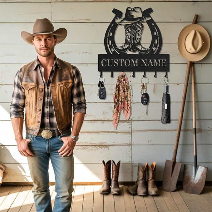 Personalized Key Holder for Wall, Custom Metal Cowboy Key Hooks with Name, Meta Jacket Holder Hooks Organizer Rack, Jacket Hanger Decor for Kitchen, Entryway, Hallway, Office, Doorway