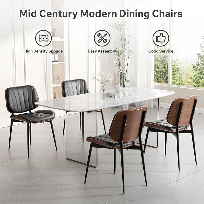 Dining Chairs Set of 4, Mid Century Modern Dining Room Chair, Upholstered Faux Leather Kitchen Chairs with Walnut Bentwood Back and Metal Legs for Kitchen Dining Room Living Room, Black