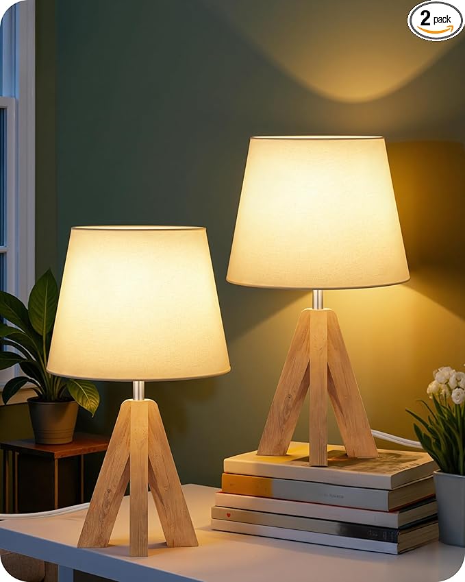 Wood Bedside Lamps Set of 2, Small Tripod Table Lamp, Modern Nightstand Lamp with Fabric Shade, Boho Bedside Wood Desk Lamp for Bedroom, Kids Room, Living Room, Study, White W51TLP205