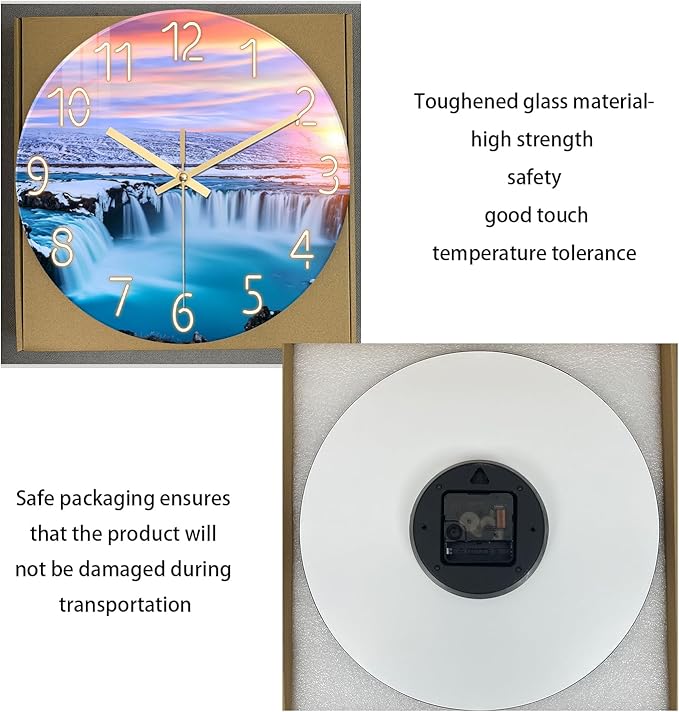 XNM Landscape Blue Beach Wall Clock for Bedroom Living Room 14 Inch Glass Battery Operated Clocks for Wall Analog Wall Clock Silent Non Ticking
