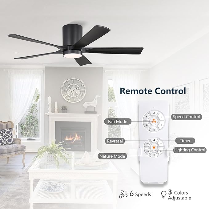 ELEHINSER 52 inch Low Profile Ceiling Fan with Light, 5 Solid Wood Blades, 6-Speeds, Quiet DC Motor, Timer, Flush Mount Modern Ceiling Fan with Remote for Living Room Bedroom, Black