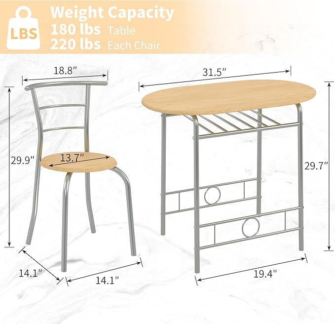 VECELO 3-Piece Dining Table Set for Kitchen Breakfast Nook, Wood Grain Oval Tabletop and Metal Frame with Built-in Wine Rack, for Small Spaces, Natural & Silver