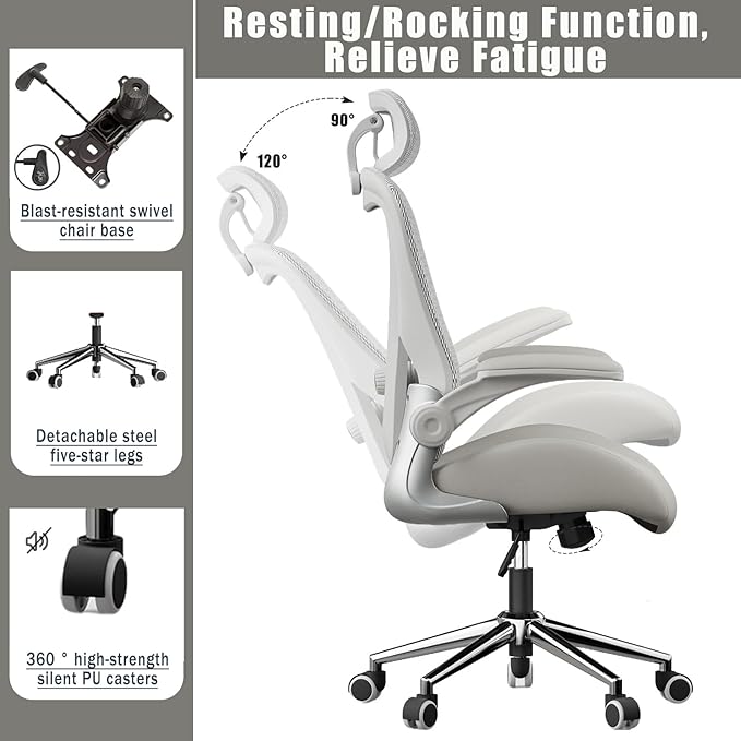 Grey Ergonomic Home Office Desk Chair, Premium Thickened Leather Curved seat with Breathable mesh Back, 3D headrest and Adjustable Lumbar Support, Ideal Chair for Office or Gaming, Gray