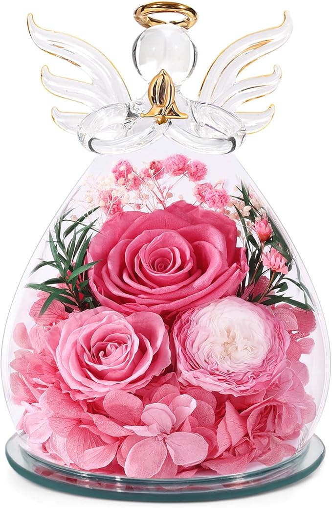 Birthday Gifts for Women Mom Preserved Roses in Glass Angel Figurines Fresh Flowers for Delivery Forever Flowers Eternal Rose Christmas for Grandma Sister Wife Her from Daughter