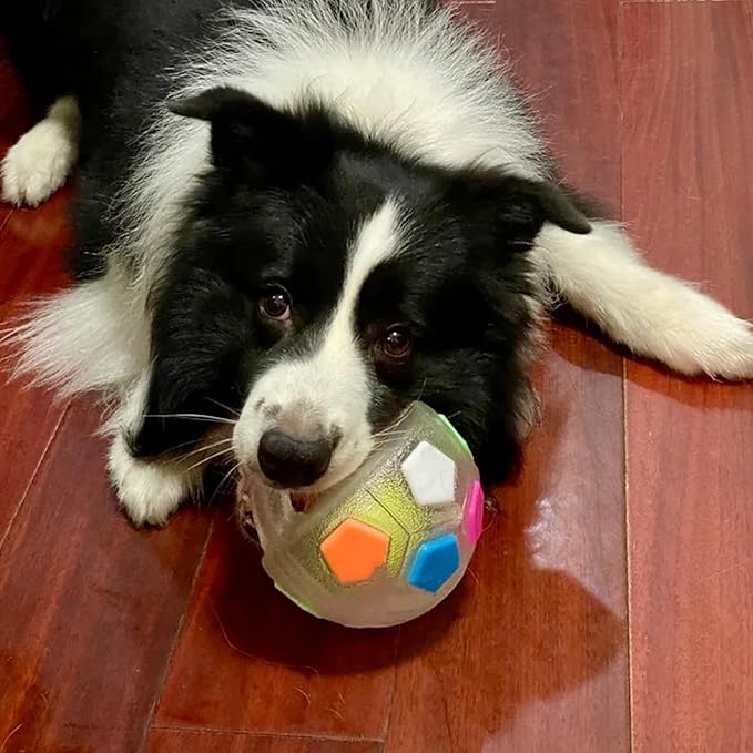 The Mellow Dog Calming Ball with Handle, Interactive Football Shape Dog Toy, Treat Dispensing & Lick Ball with Squeaker, Floating Toss and Fetch Toy for Small Medium Large Dogs(White+Black-A)