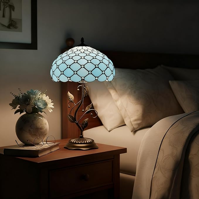 Tiffany Lamp Stained Glass Table Lamp Desk Bedside Reading Light 12X12X19 Inches with Metal Leaf Base(Sea Blue Beads)