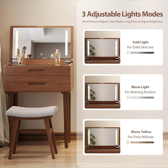 Solid Wood Small Vanity Desk with Mirror and Lights, Narrow Makeup Vanity for Small Space, Flip Top Vanity Side Table, 3 Color Modes & Adjustable Brightness, 23.6" Slim Dressing Table, Walnut