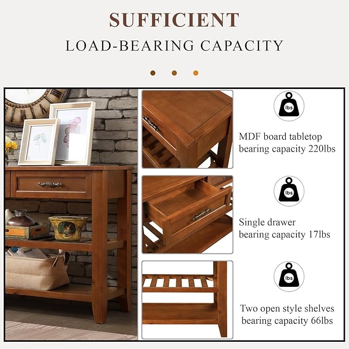 KEIKI 42”L Pine Solid Wood Entryway Console Table with 2 Storage Drawers, Mid-Century Retro Behind Couch Sofa Table with 2 Tiers Open Shelf for Hallway, Entrance, Entry Way, Living Room, Foyer