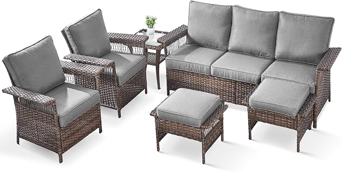 6 Pieces Wicker Patio Furniture Set - Hollow Widen Armrests 3 Seat Outdoor Sofa & Comfy Chairs with Side Table & Ottomans, Small Patio Convention Set for Deck and Backyard - Brown/Gray