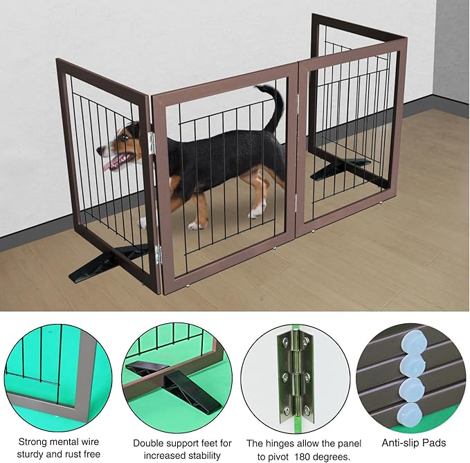 ZJSF Freestanding Dog Gate Indoor, Foldable Dog Fence for Doorways,Hallways or Stairs, Sturdy Wood Extra Wide Pet Gate with Support Feet,Brown,24 "Height-4 Panels