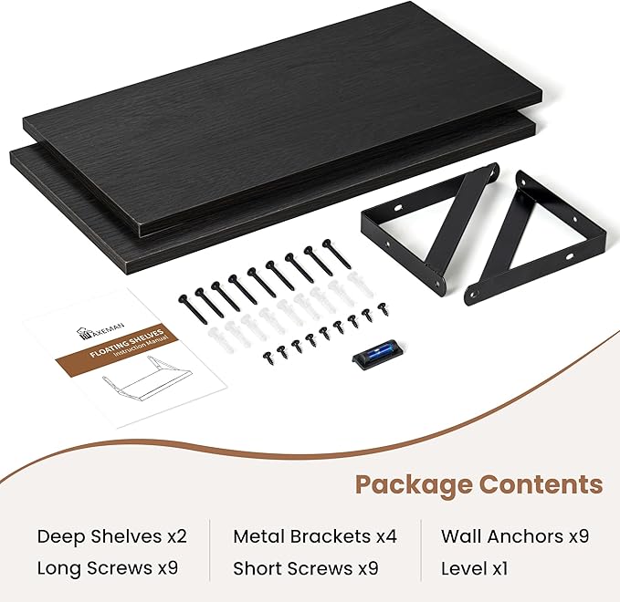 Axeman Floating Shelves for Wall, 16W x 8D Black Floating Shelves Set of 2, 8 Inch Deep Wall Mounted Shelves for Bookshelf Living Room Bedroom Home Office Bathroom