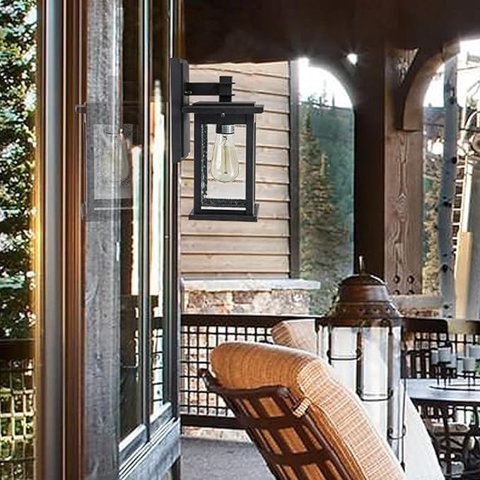 Emliviar Outdoor Wall Sconce, 1-Light Exterior Wall Lantern in Black Finish with Clear Seeded Glass, OS-1803EW1