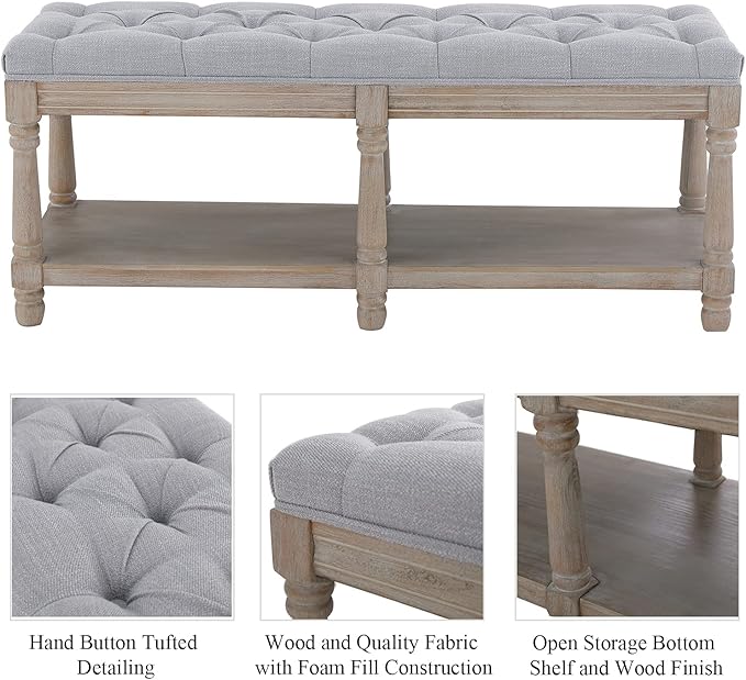 Mid Century Tufted Storage Bench with Shelf, Linen Upholstered Farmhouse Entryway Shoe Bench Ottoman Bed End Stool with Padded Seat, Rustic Bench for Bedroom Living Room Dining Room, Grey